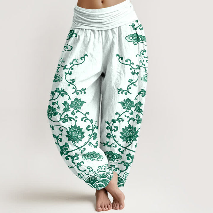 Buddha Stones Cotton Lotus Scroll Pattern Women's Elastic Waist Harem Pants - Honeydew - US16，UK/AU20，EU48 (3XL) - image 8