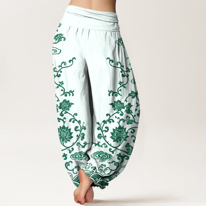 Buddha Stones Cotton Lotus Scroll Pattern Women's Elastic Waist Harem Pants - image 10