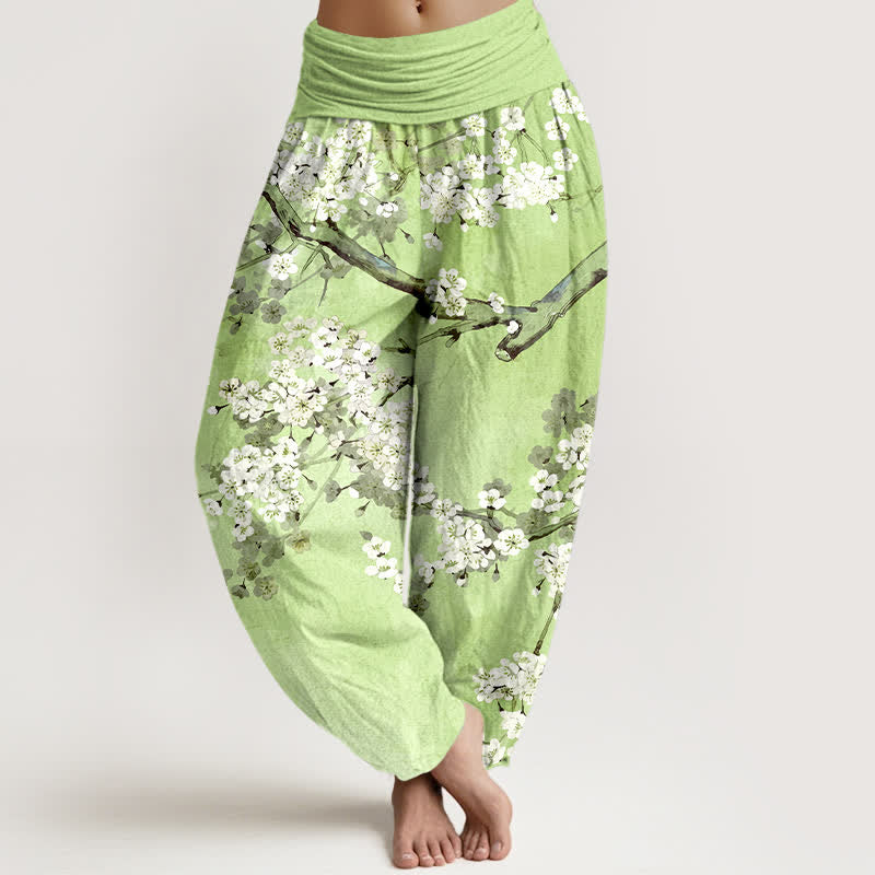 Buddha Stones Cotton Cherry Blossom Branch Pattern Women's Elastic Waist Harem Pants - PaleGreen - US16，UK/AU20，EU48 (3XL) - image 5