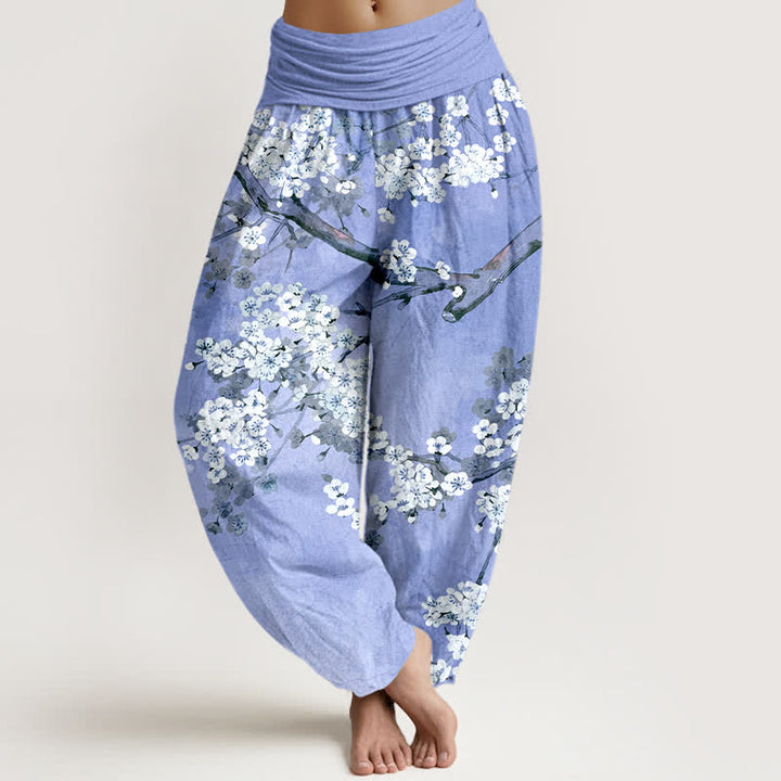 Buddha Stones Cotton Cherry Blossom Branch Pattern Women's Elastic Waist Harem Pants - CornflowerBlue - US16，UK/AU20，EU48 (3XL) - image 8