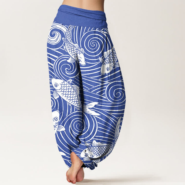 Buddha Stones Cotton Koi Wave Pattern Women's Elastic Waist Harem Pants - image 2