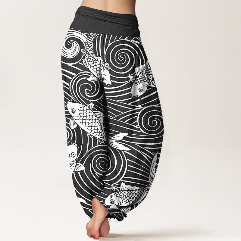 Buddha Stones Cotton Koi Wave Pattern Women's Elastic Waist Harem Pants - image 10