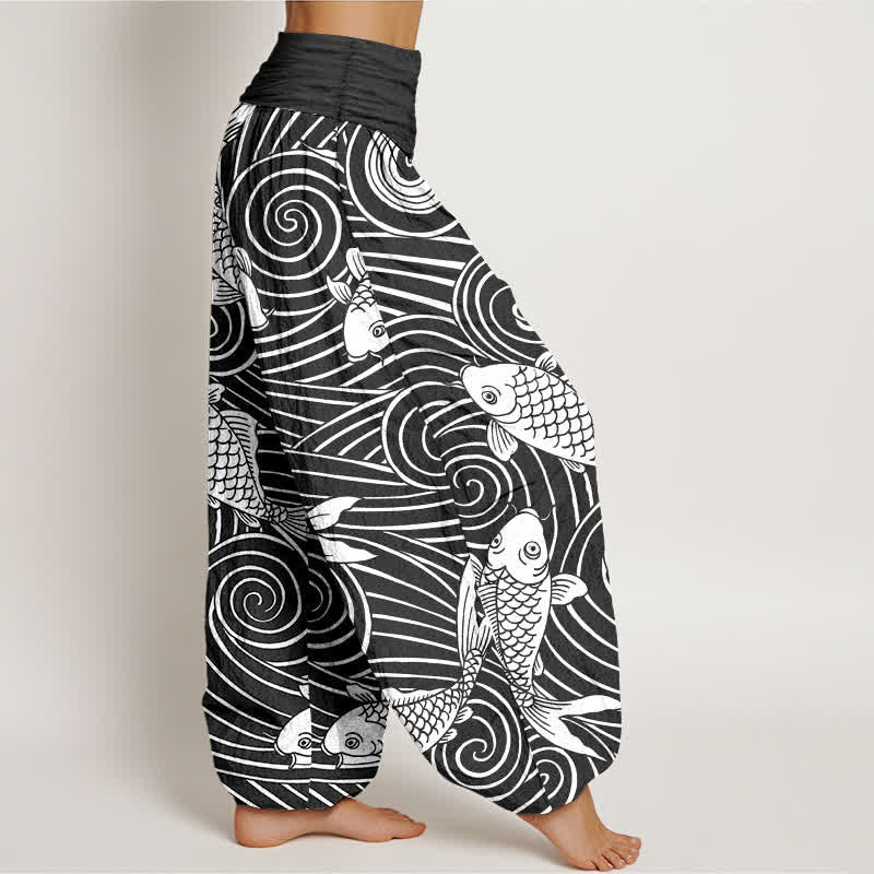 Buddha Stones Cotton Koi Wave Pattern Women's Elastic Waist Harem Pants - image 9