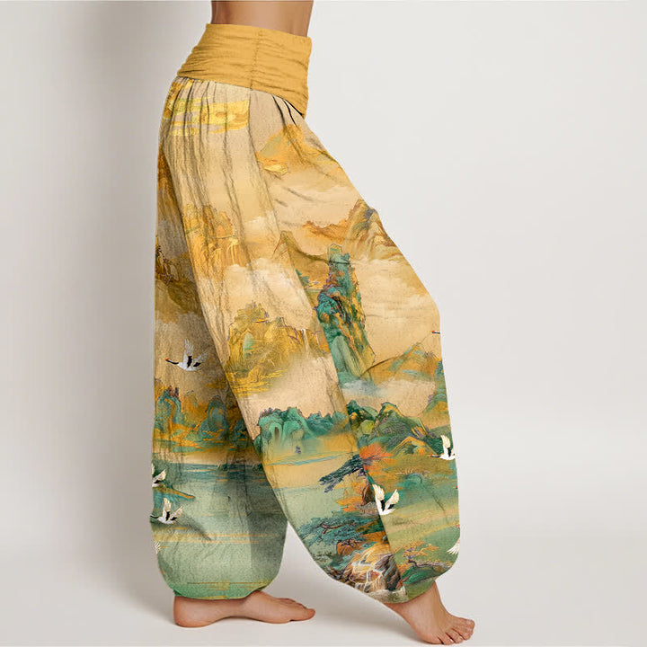 Buddha Stones Cotton Oriental Crane Peaks Pattern Women's Elastic Waist Harem Pants - image 1