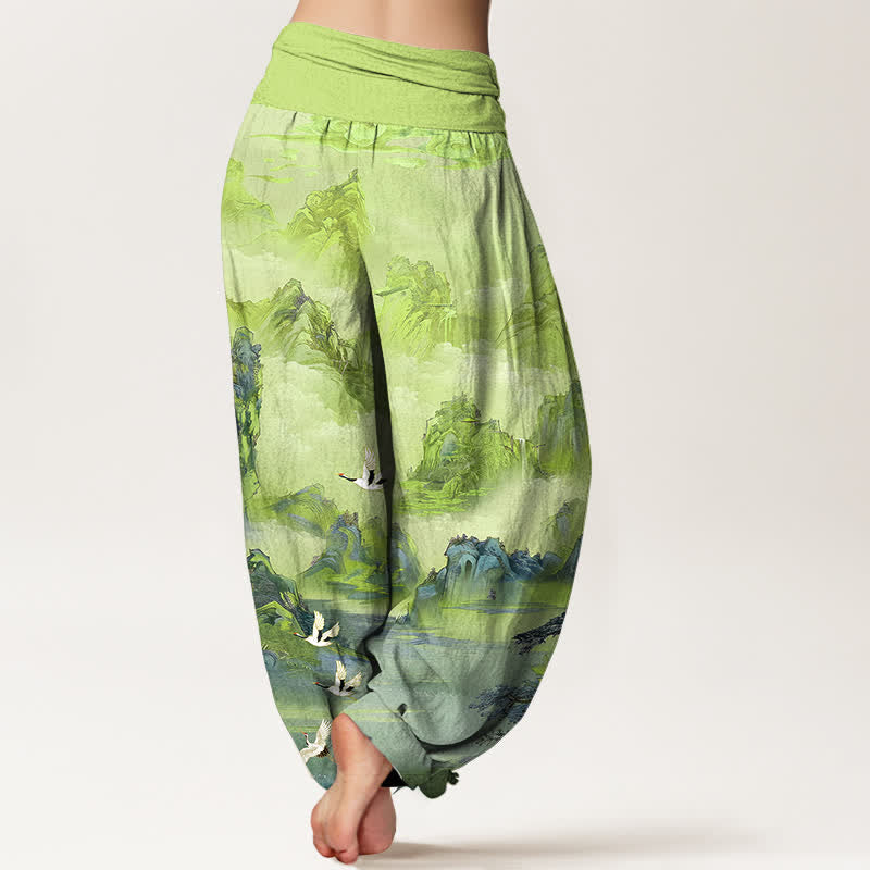 Buddha Stones Cotton Oriental Crane Peaks Pattern Women's Elastic Waist Harem Pants - image 7