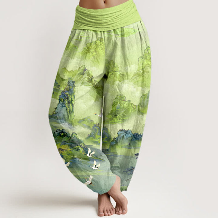 Buddha Stones Cotton Oriental Crane Peaks Pattern Women's Elastic Waist Harem Pants - GreenYellow - US16，UK/AU20，EU48 (3XL) - image 5