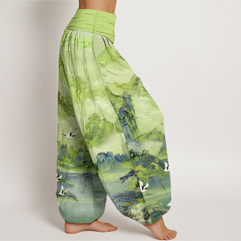 Buddha Stones Cotton Oriental Crane Peaks Pattern Women's Elastic Waist Harem Pants - image 6