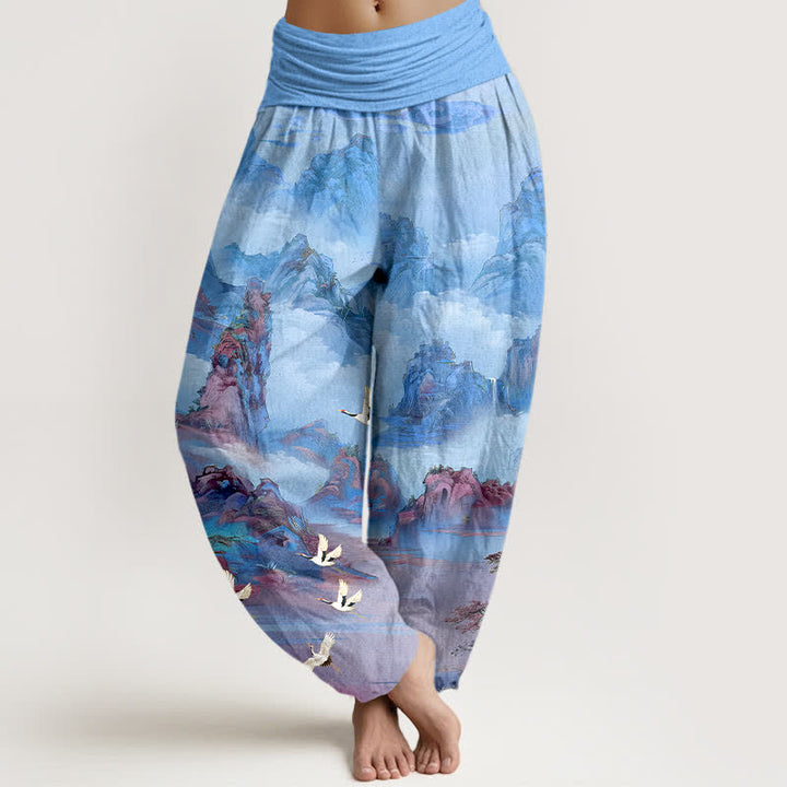 Buddha Stones Cotton Oriental Crane Peaks Pattern Women's Elastic Waist Harem Pants - LightSkyBlue - US16，UK/AU20，EU48 (3XL) - image 8