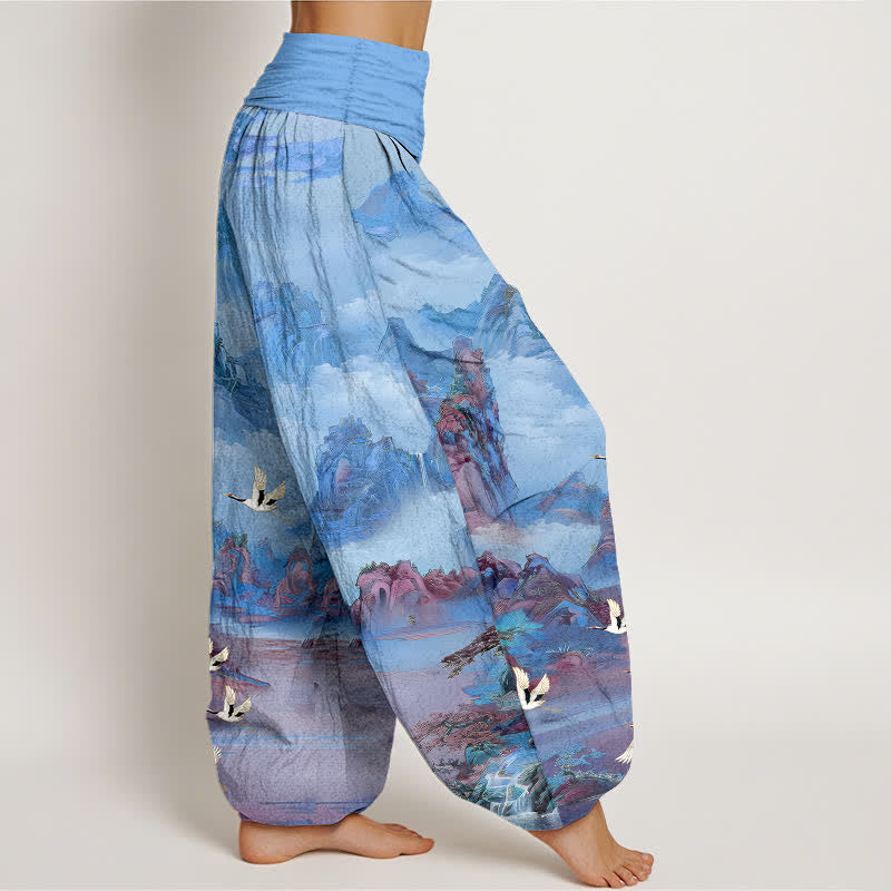 Buddha Stones Cotton Oriental Crane Peaks Pattern Women's Elastic Waist Harem Pants - image 9