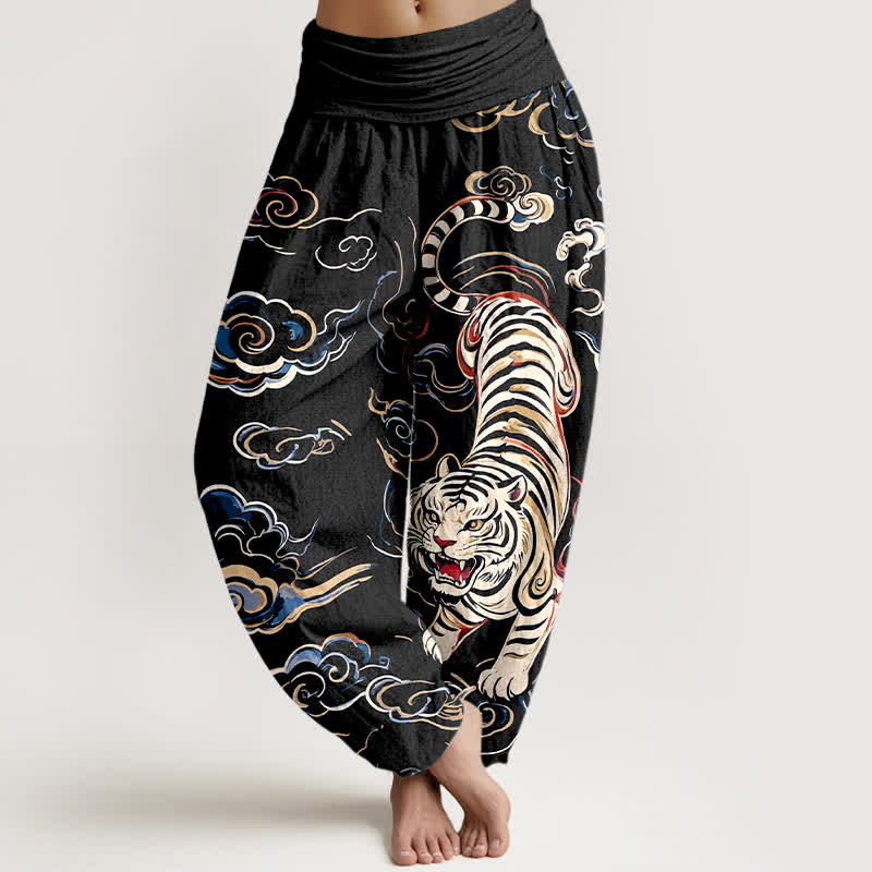 Buddha Stones Cotton Oriental Tiger Lucky Cloud Pattern Women's Elastic Waist Harem Pants - Black - US16，UK/AU20，EU48 (3XL) - image 0