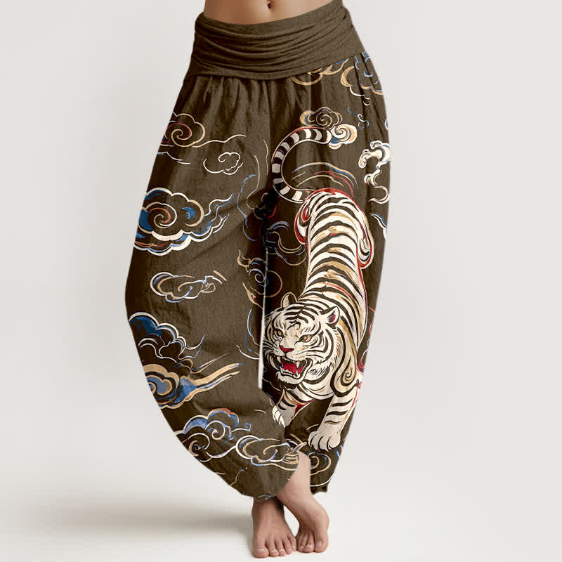 Buddha Stones Cotton Oriental Tiger Lucky Cloud Pattern Women's Elastic Waist Harem Pants - Olive - US16，UK/AU20，EU48 (3XL) - image 8