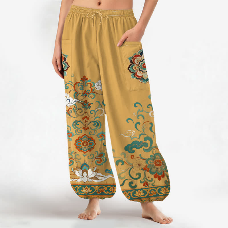 Buddha Stones Cotton Vintage Lotus Floral Paisley Pattern Women's Elastic Waist Harem Pants With Side Pockets - Goldenrod - US16，UK/AU20，EU48 (3XL) - image 0