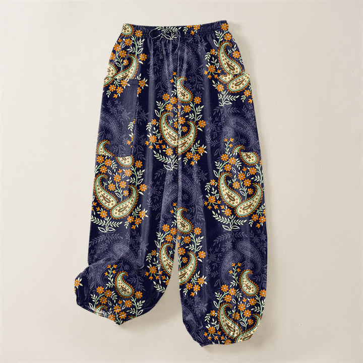 Buddha Stones Cotton Bohemian Paisley Floral Pattern Women's Elastic Waist Harem Pants With Side Pockets - image 3