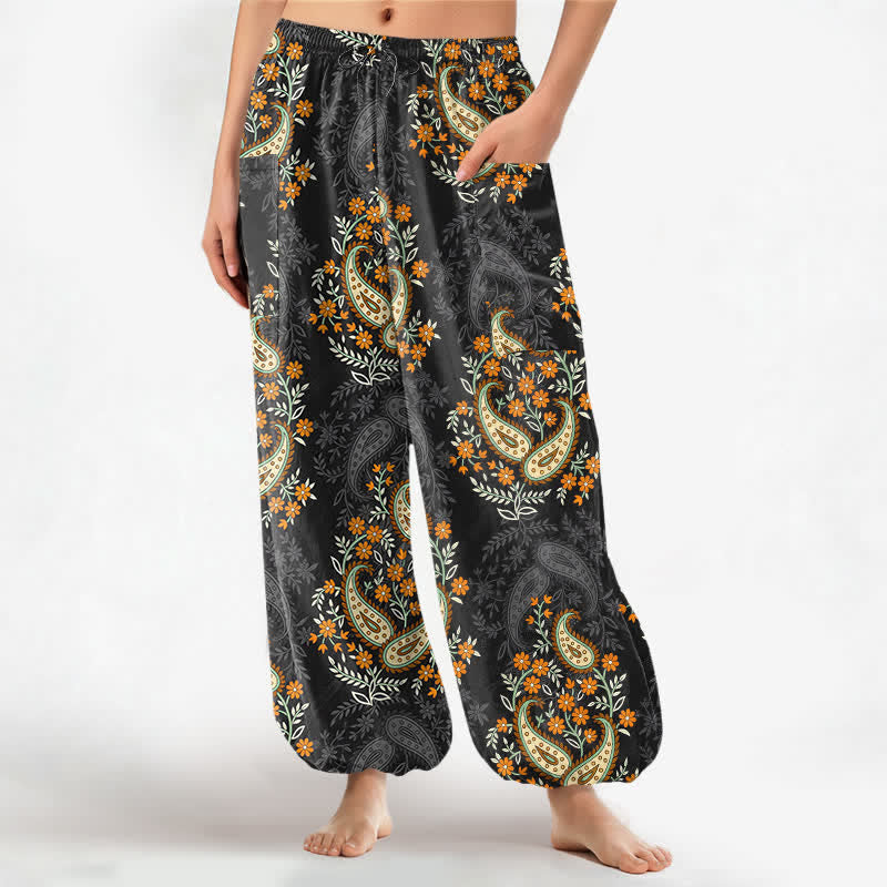 Buddha Stones Cotton Bohemian Paisley Floral Pattern Women's Elastic Waist Harem Pants With Side Pockets - Black - US16，UK/AU20，EU48 (3XL) - image 7