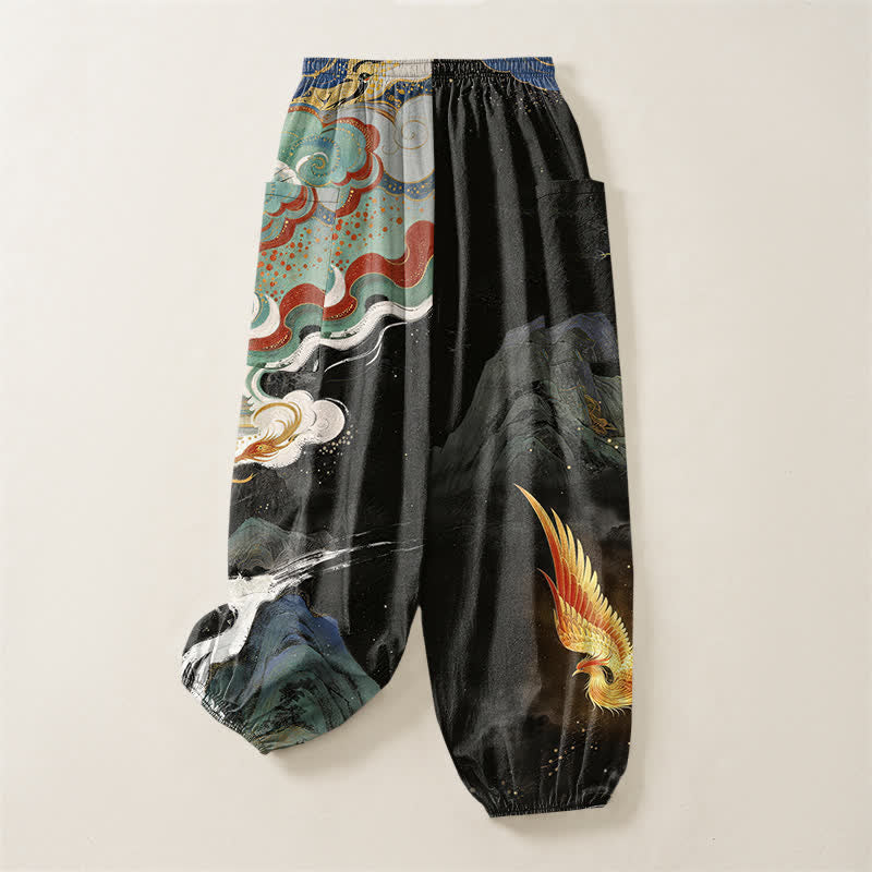 Buddha Stones Cotton Oriental Phoenix Cloud Pattern Women's Elastic Waist Harem Pants With Side Pockets - image 4