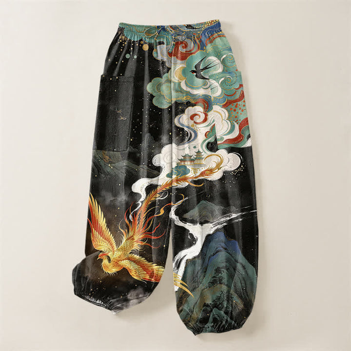 Buddha Stones Cotton Oriental Phoenix Cloud Pattern Women's Elastic Waist Harem Pants With Side Pockets - image 3