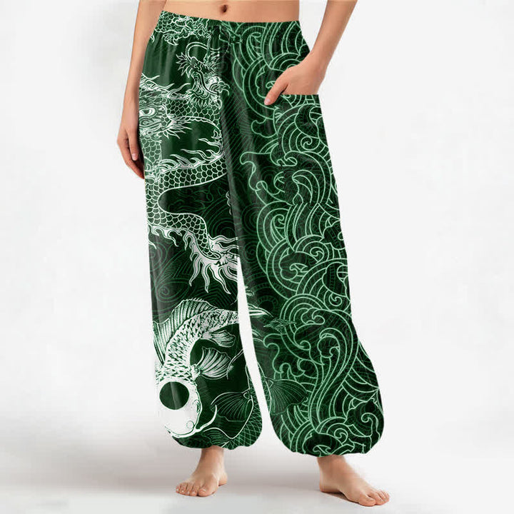 Buddha Stones Cotton Oriental Dragon Wave Pattern Women's Elastic Waist Harem Pants With Side Pockets - ForestGreen - US16，UK/AU20，EU48 (3XL) - image 10