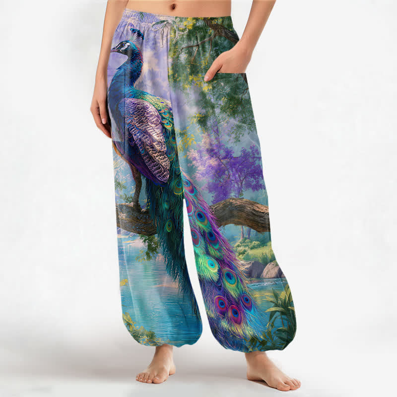 Buddha Stones Cotton Majestic Peacock Landscape Pattern Women's Elastic Waist Harem Pants With Side Pockets - Turquoise - US16，UK/AU20，EU48 (3XL) - image 0