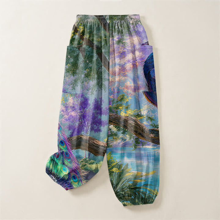 Buddha Stones Cotton Majestic Peacock Landscape Pattern Women's Elastic Waist Harem Pants With Side Pockets - image 4