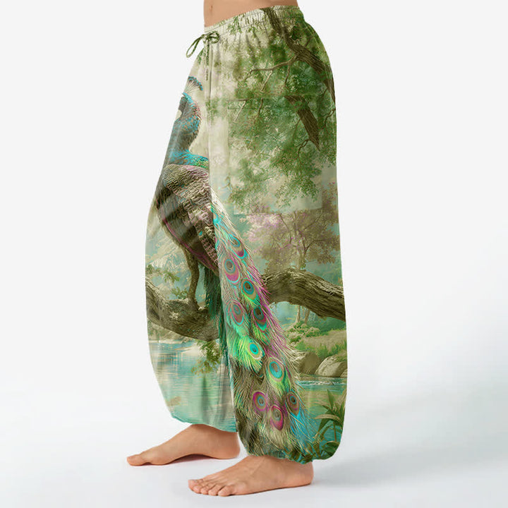 Buddha Stones Cotton Majestic Peacock Landscape Pattern Women's Elastic Waist Harem Pants With Side Pockets - image 8