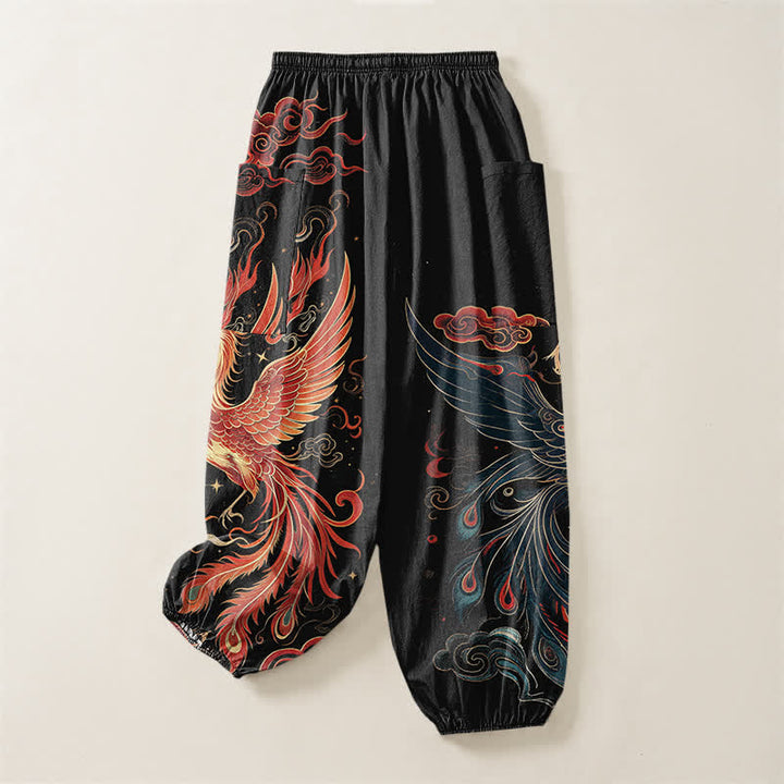 Buddha Stones Cotton Vintage Phoenix Flame Pattern Women's Elastic Waist Harem Pants With Side Pockets - image 4