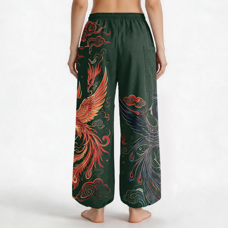 Buddha Stones Cotton Vintage Phoenix Flame Pattern Women's Elastic Waist Harem Pants With Side Pockets - image 9