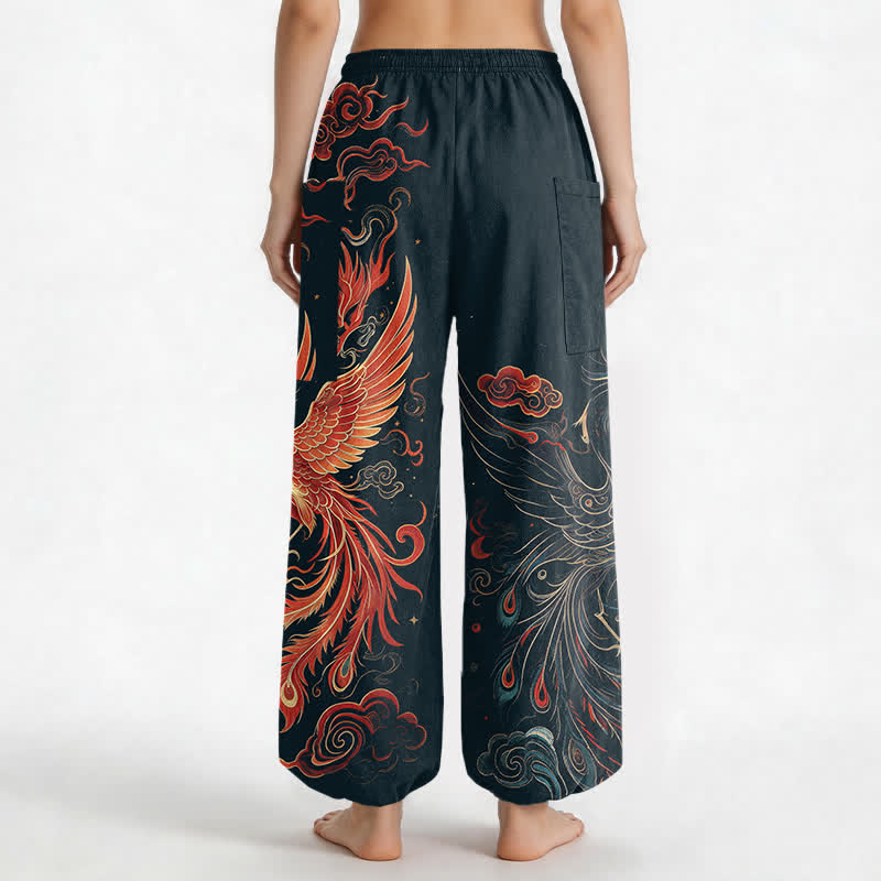 Buddha Stones Cotton Vintage Phoenix Flame Pattern Women's Elastic Waist Harem Pants With Side Pockets - image 12
