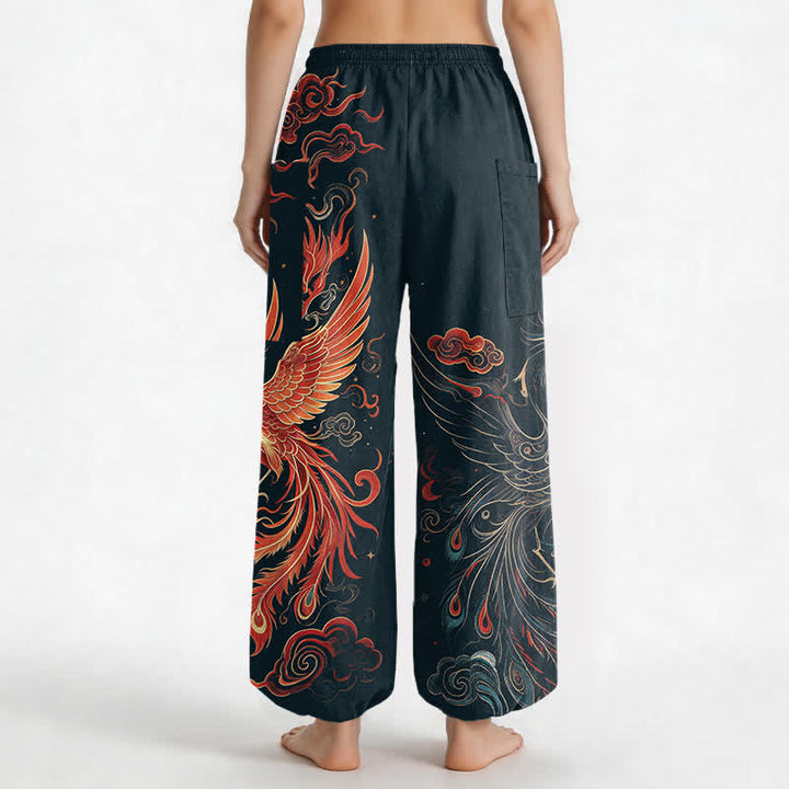 Buddha Stones Cotton Vintage Phoenix Flame Pattern Women's Elastic Waist Harem Pants With Side Pockets - image 12