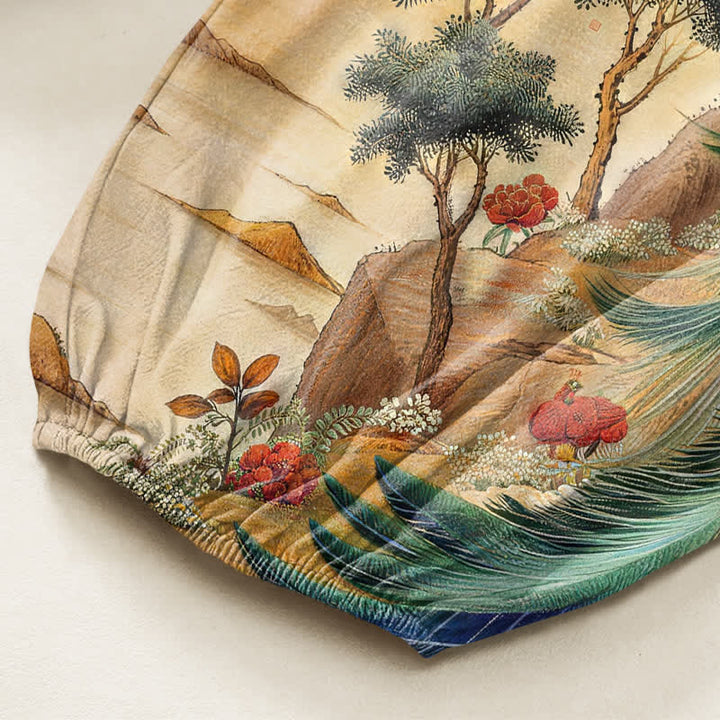 Buddha Stones Cotton Peacock Botanical Landscape Pattern Women's Elastic Waist Harem Pants With Side Pockets - image 6