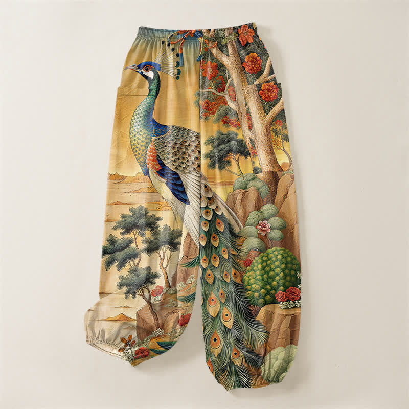 Buddha Stones Cotton Peacock Botanical Landscape Pattern Women's Elastic Waist Harem Pants With Side Pockets - image 3