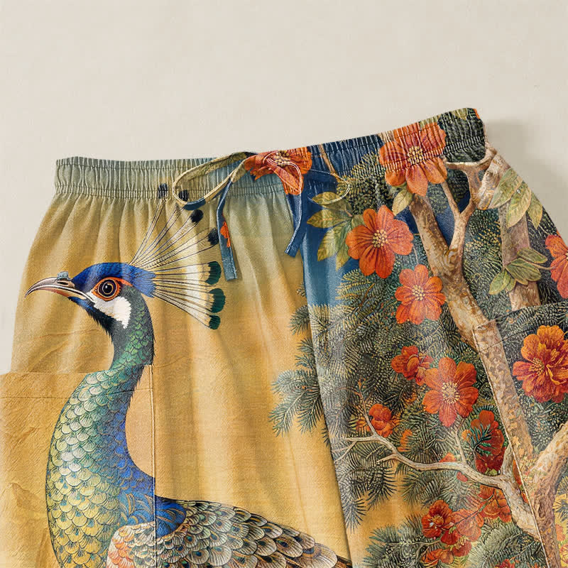 Buddha Stones Cotton Peacock Botanical Landscape Pattern Women's Elastic Waist Harem Pants With Side Pockets - image 5
