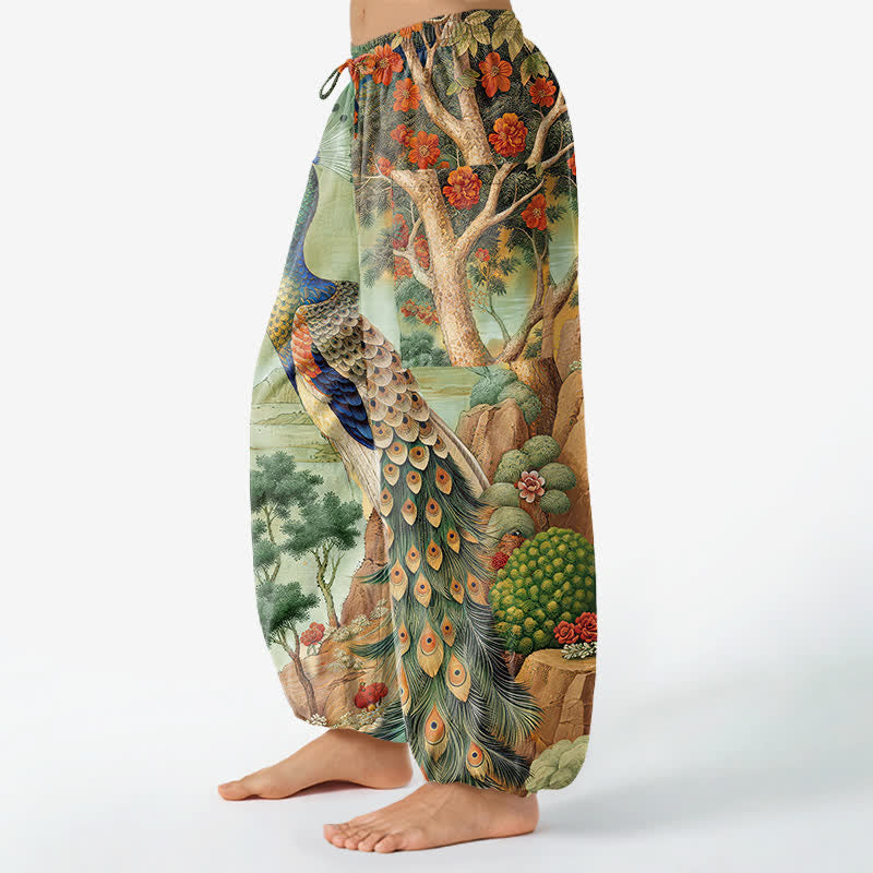 Buddha Stones Cotton Peacock Botanical Landscape Pattern Women's Elastic Waist Harem Pants With Side Pockets - image 11
