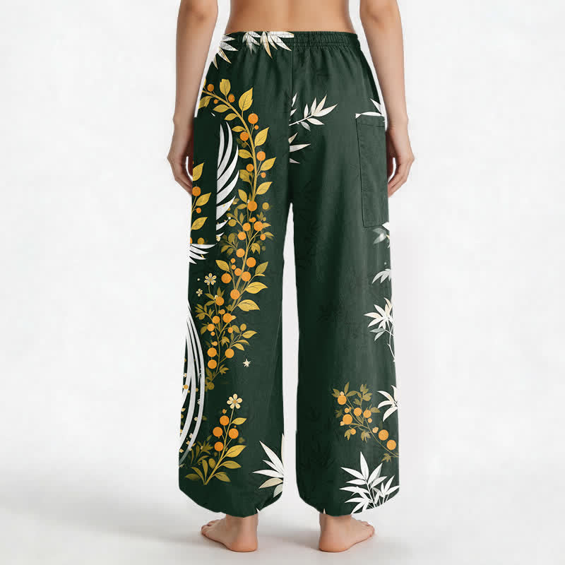 Buddha Stones Cotton Crane Bamboo Bloom Pattern Women's Elastic Waist Harem Pants With Side Pockets - image 2