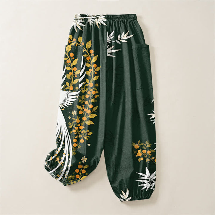 Buddha Stones Cotton Crane Bamboo Bloom Pattern Women's Elastic Waist Harem Pants With Side Pockets - image 4