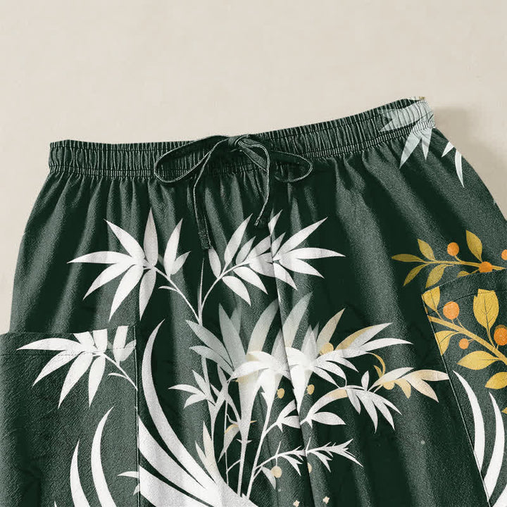 Buddha Stones Cotton Crane Bamboo Bloom Pattern Women's Elastic Waist Harem Pants With Side Pockets - image 5