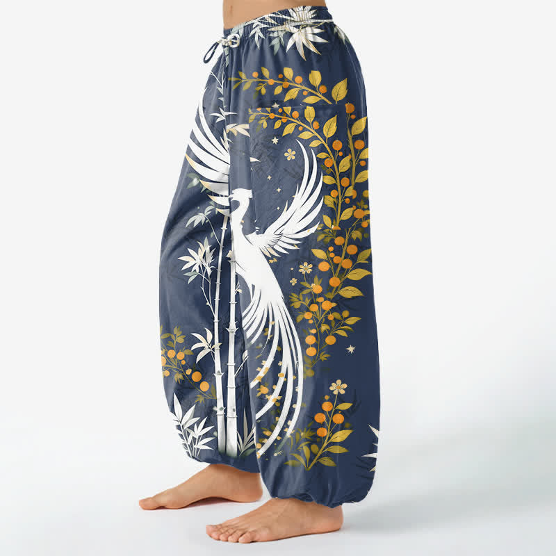 Buddha Stones Cotton Crane Bamboo Bloom Pattern Women's Elastic Waist Harem Pants With Side Pockets - image 11