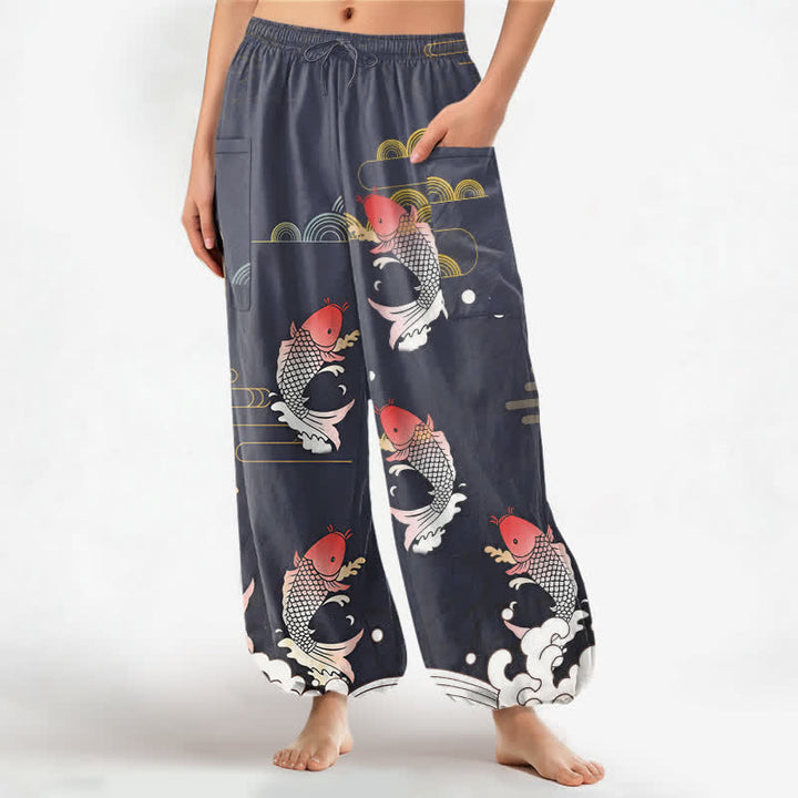 Buddha Stones Cotton Red Koi Water Pattern Women's Elastic Waist Harem Pants With Side Pockets - SlateGray - US16，UK/AU20，EU48 (3XL) - image 0