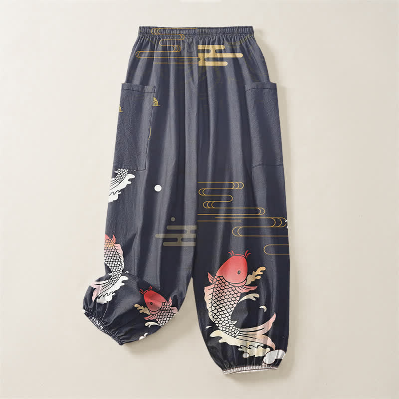 Buddha Stones Cotton Red Koi Water Pattern Women's Elastic Waist Harem Pants With Side Pockets - image 4