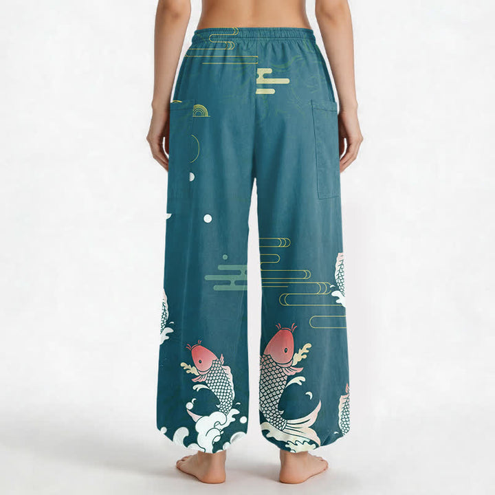Buddha Stones Cotton Red Koi Water Pattern Women's Elastic Waist Harem Pants With Side Pockets - image 9