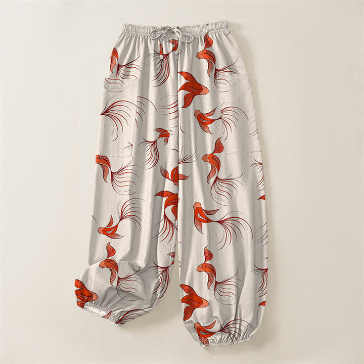 Buddha Stones Cotton Abstract Koi Fish Pattern Women's Elastic Waist Harem Pants With Side Pockets - image 3