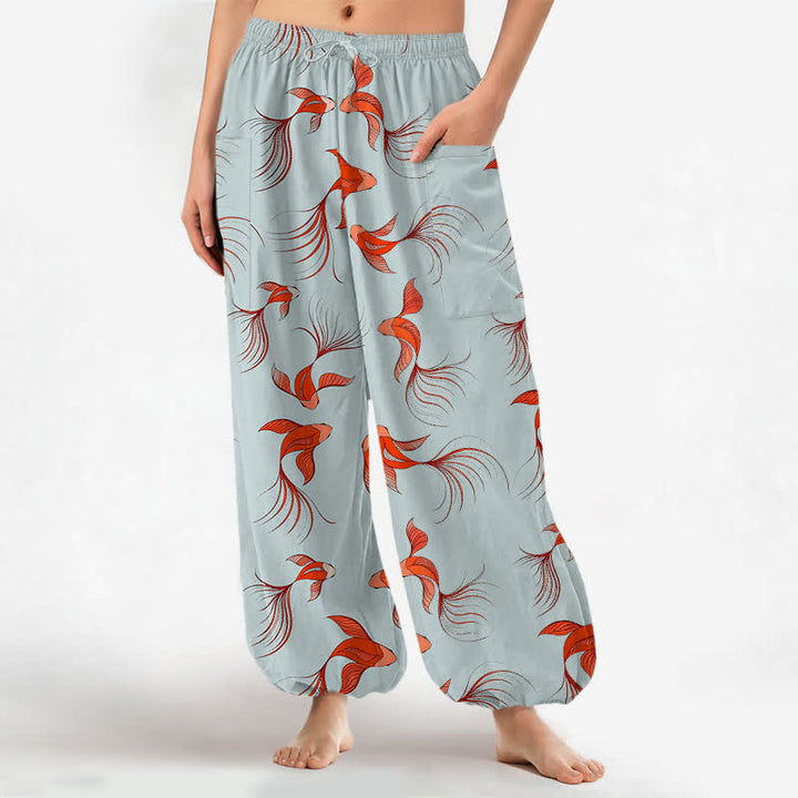 Buddha Stones Cotton Abstract Koi Fish Pattern Women's Elastic Waist Harem Pants With Side Pockets - PowderBlue - US16，UK/AU20，EU48 (3XL) - image 7