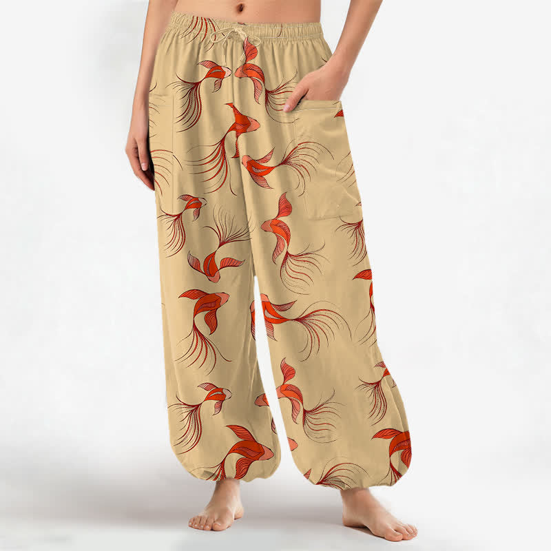 Buddha Stones Cotton Abstract Koi Fish Pattern Women's Elastic Waist Harem Pants With Side Pockets - Wheat - US16，UK/AU20，EU48 (3XL) - image 10