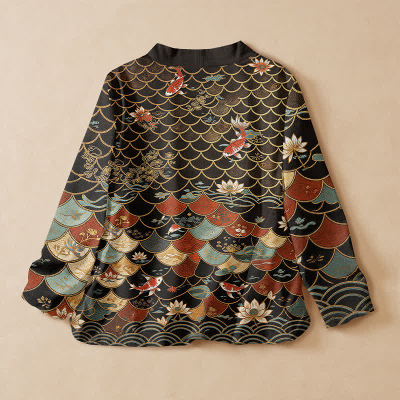 Buddha Stones Cotton Oriental Koi Lotus Print Wrap V-Neck Lace-up Women's Long Sleeve Shirts Kimono - image 1