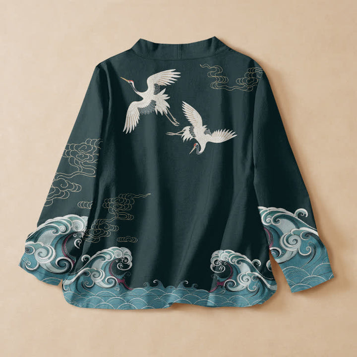 Buddha Stones Cotton White Crane Cloud Print Hanfu Style Wrap V-Neck Lace-up Women's Long Sleeve Shirts Kimono - image 6