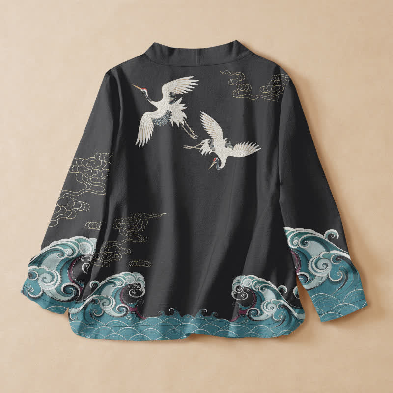 Buddha Stones Cotton White Crane Cloud Print Hanfu Style Wrap V-Neck Lace-up Women's Long Sleeve Shirts Kimono - image 8