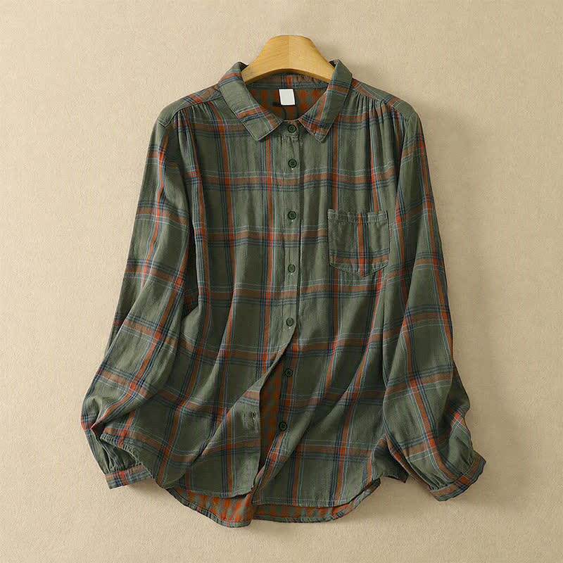 Buddha Stones Fall Casual Classic Plaid Women's Long Sleeve Shirts With Patch Pocket - DarkOliveGreen - US8-10, UK/AU12-14, EU40-42 (2XL) - image 10