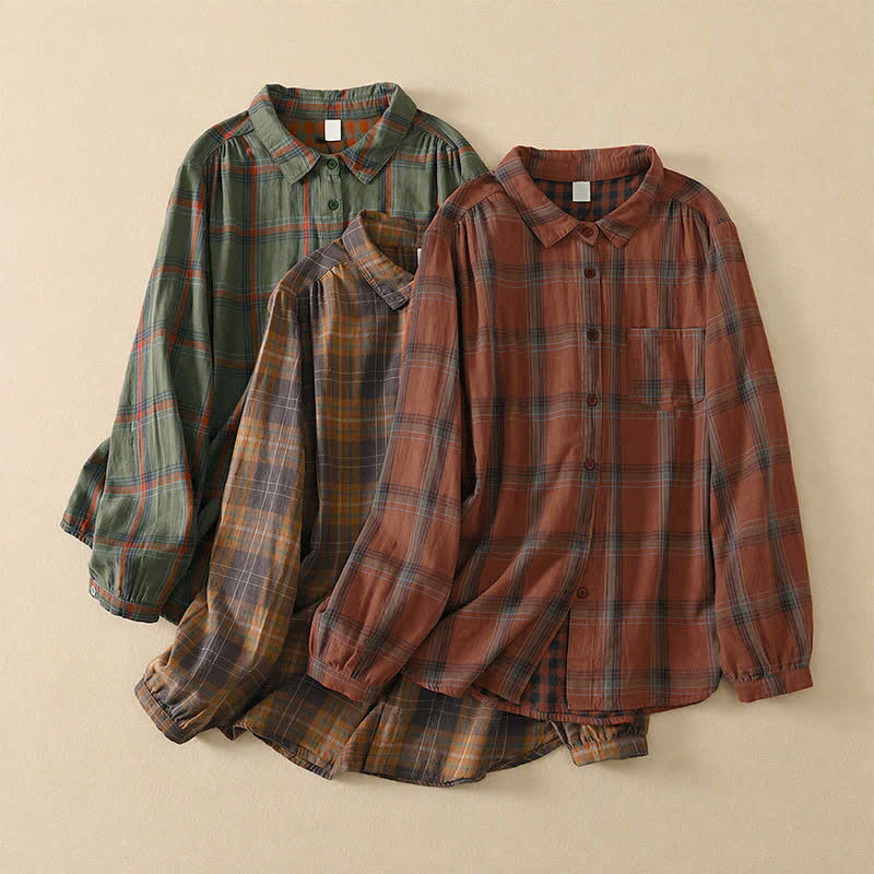 Buddha Stones Fall Casual Classic Plaid Women's Long Sleeve Shirts With Patch Pocket - image 18