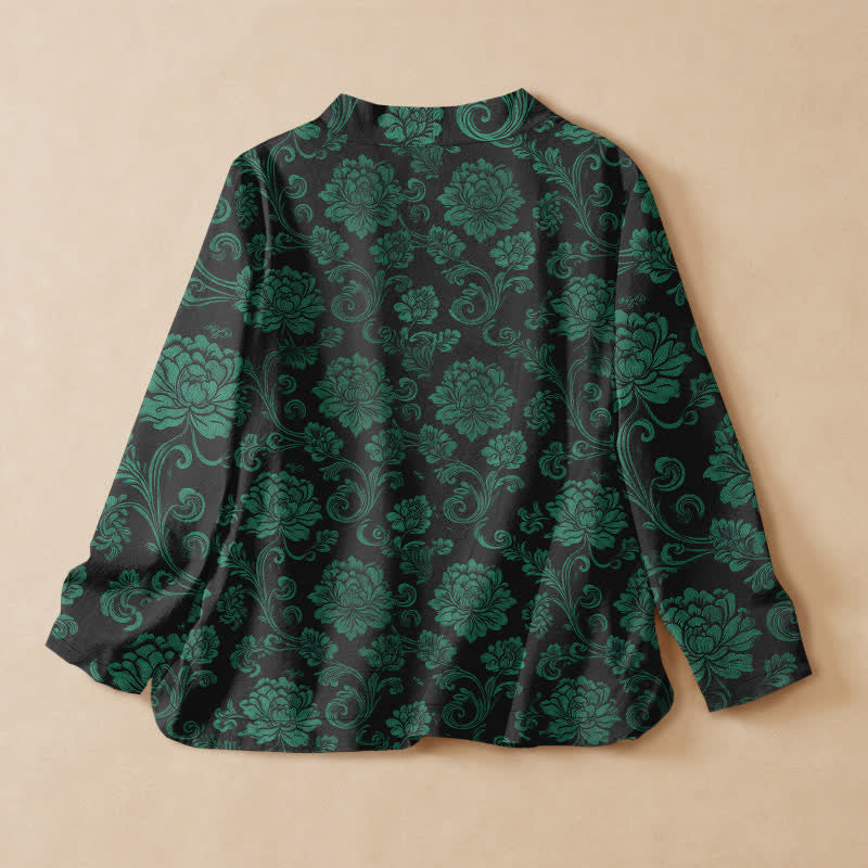 Buddha Stones Cotton Vintage Floral Pattern Hanfu Style Wrap V-Neck Lace-up Women's Long Sleeve Shirts Kimono - image 1