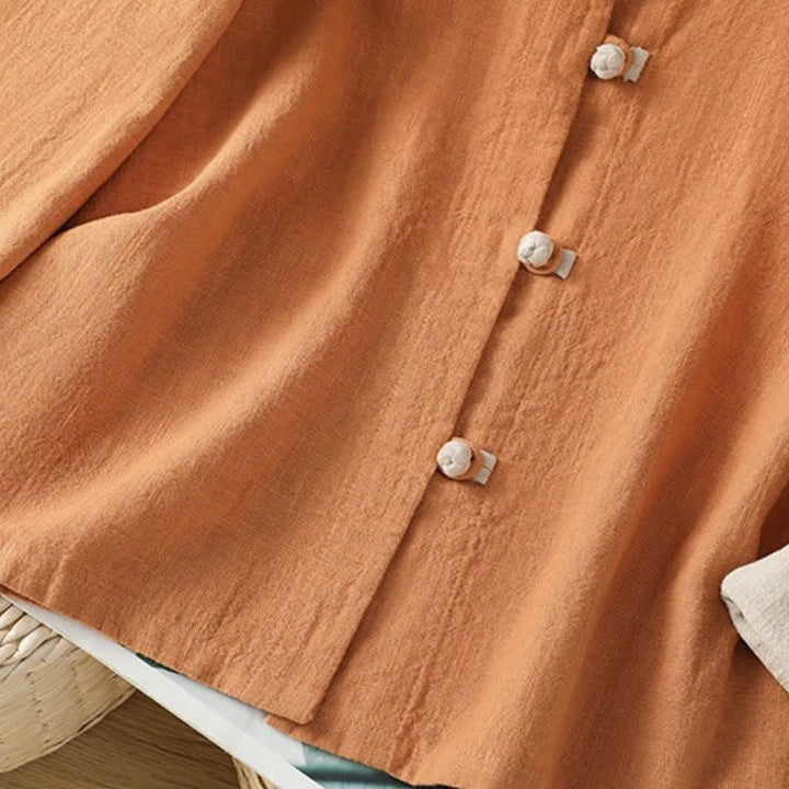 Buddha Stones Spring Fall Casual Tang Style Mandarin Collar Solid Color Contrast Women's Long Sleeve Shirts - image 14