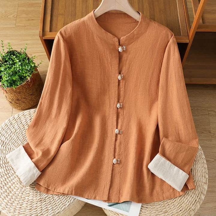 Buddha Stones Spring Fall Casual Tang Style Mandarin Collar Solid Color Contrast Women's Long Sleeve Shirts - Peru - US12, UK/AU16, EU44 (3XL) - image 9